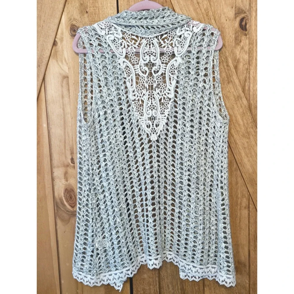 Blu Pepper Crochet Vest M Granola Lagen Lace Medallion Open Front BA3990 #765